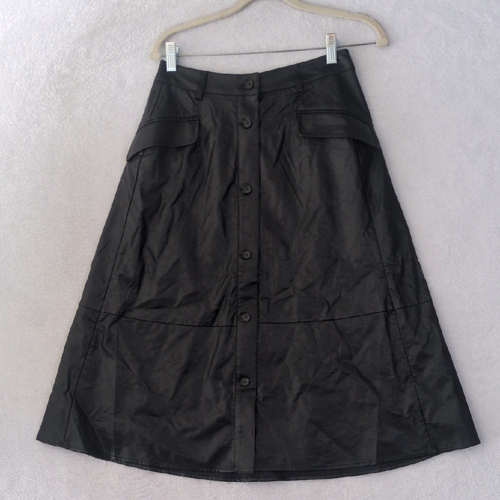 Banana Republic Black Leather Button-Front A-Line Midi Skirt